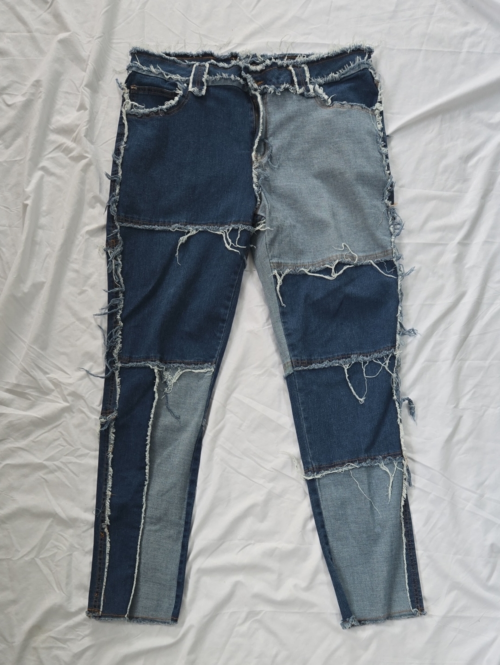Men's Alternative Style Blue Jeans, 2 Shades Of Blue Front/Back With Fringe